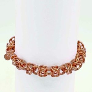 Copper byzantine chain maille bracelet showing the magnetic closure.