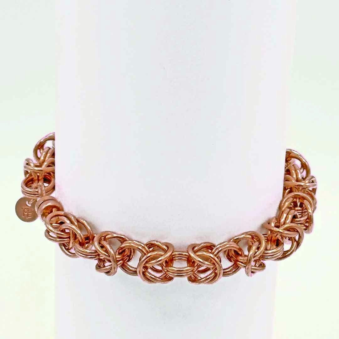 Copper byzantine chain maille bracelet showing the magnetic closure.