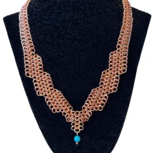 Graduated copper chain maille necklace with turquoise bead