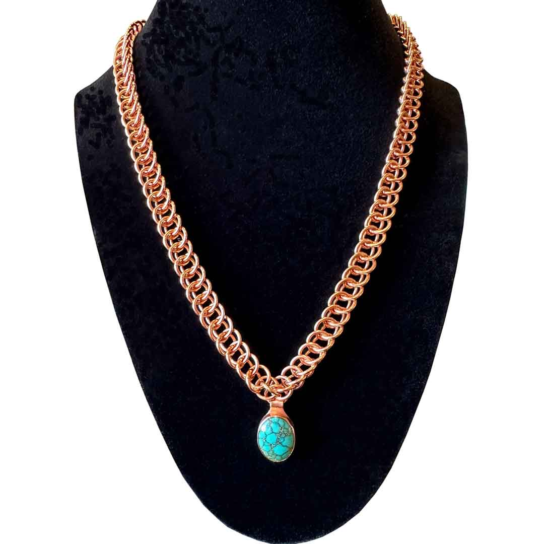 3-in-1 copper half persian weave necklace with turquoise pendant